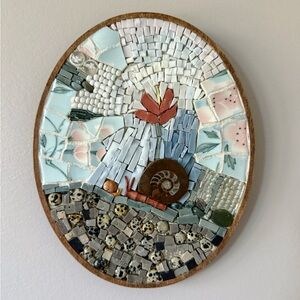 Original “Snails in the Garden” Mixed Media Mosaic Wall Hanging Oval Frame